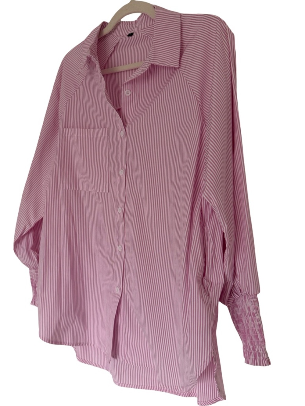 Pink Striped Oversized Button Down Shirt Smocked Cuff L - Picture 5 of 9
